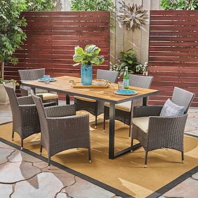 Hartland Outdoor 6-Seater Rectangular Acacia Wood and Wicker Dining Set by Christopher Knight Home