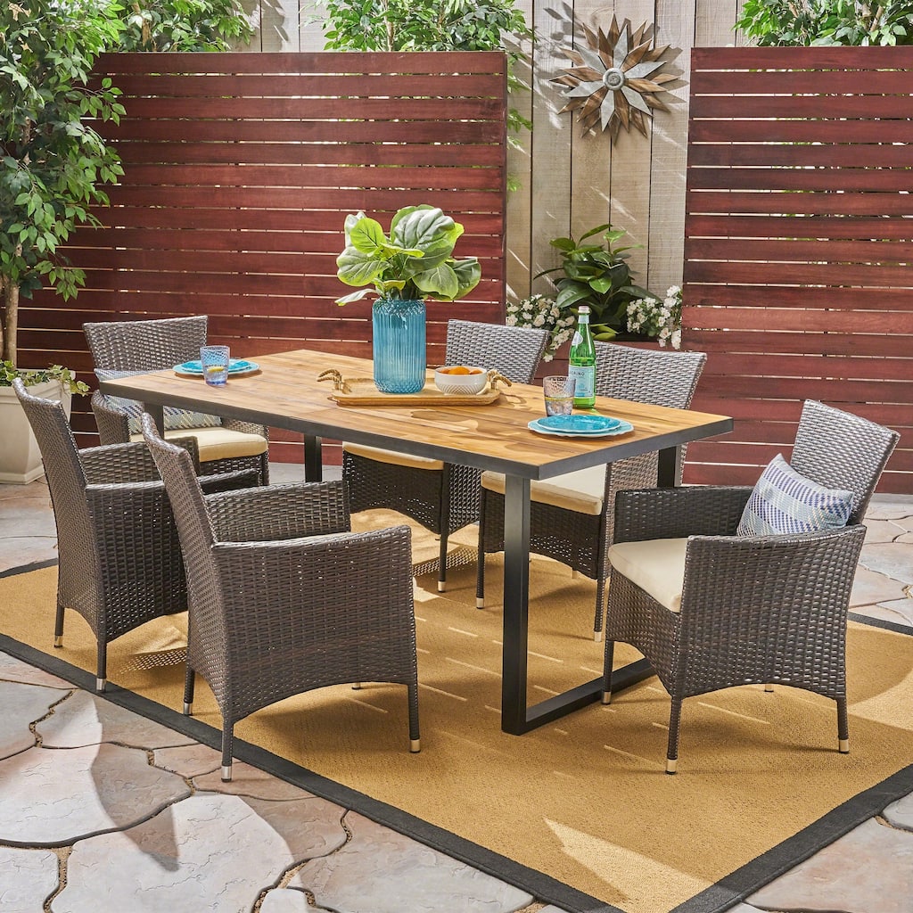 Hartland Outdoor 6-Seater Rectangular Acacia Wood and Wicker Dining Set by Christopher Knight Home