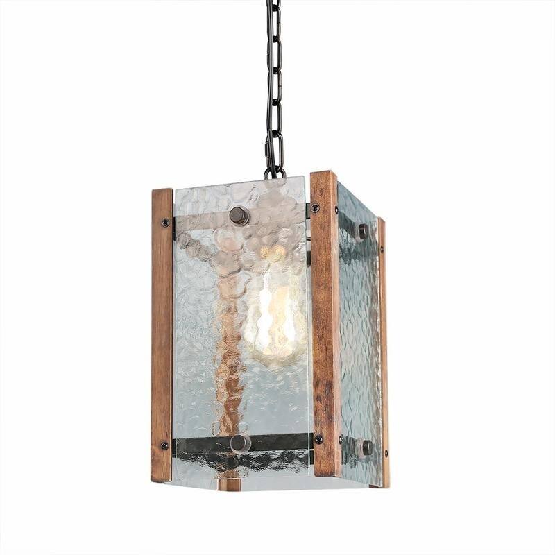 LNC 1-Light Water Glass Wood Foyer Lantern Pendant Light
