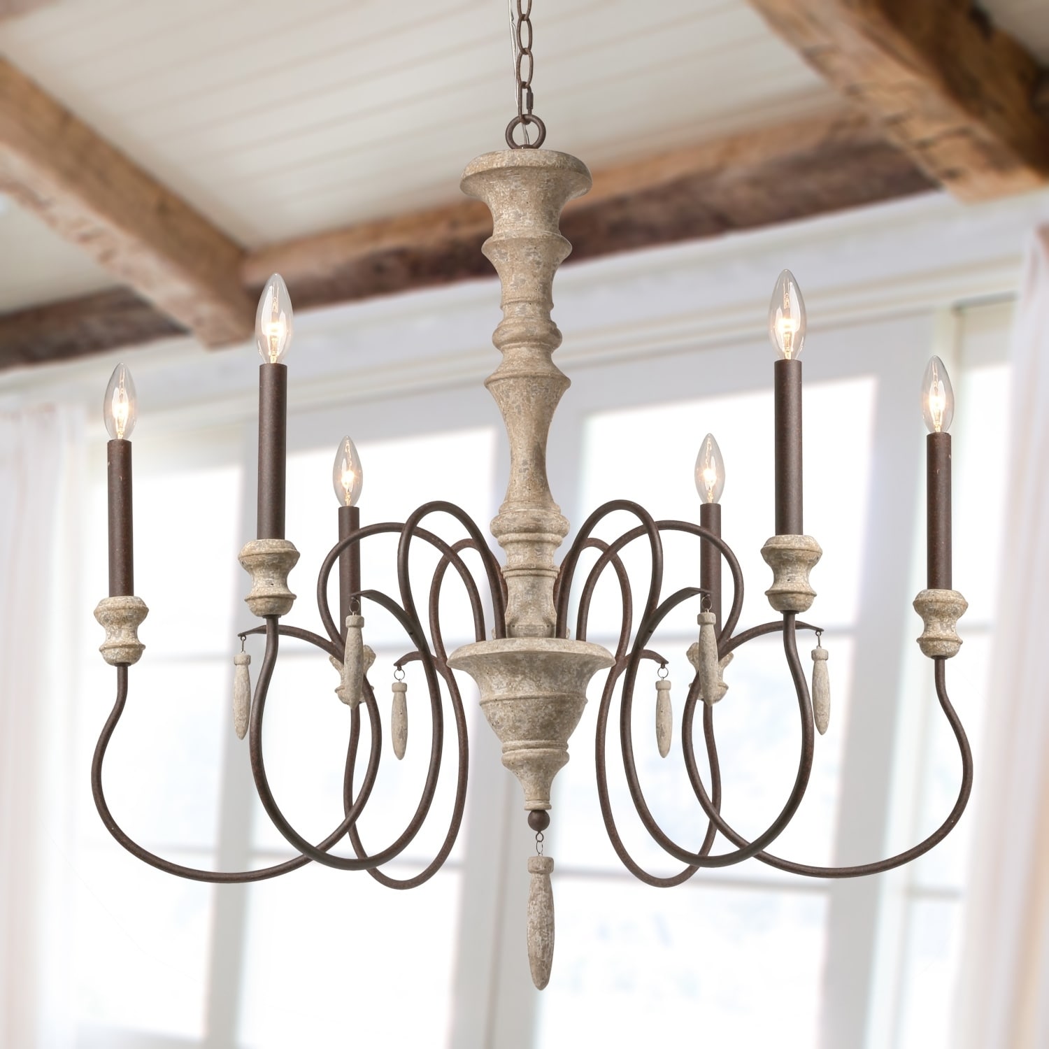 LNC 6-Light Antique White French Country Wood Chandelier Lighting - D31.1"x H32.7" (D31.1"x H32.7") - Chandeliers For Bedrooms by Overstock.com