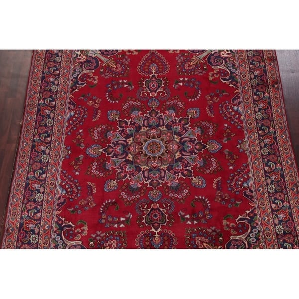 Hand Knotted Wool Floral Mashad Persian Red Area Rug For Dining Room 11 1 X 7 11 Overstock 24208157