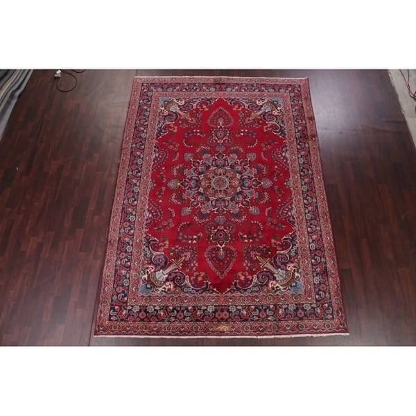 Hand Knotted Wool Floral Mashad Persian Red Area Rug For Dining Room 11 1 X 7 11 Overstock 24208157