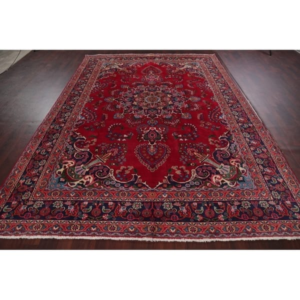Hand Knotted Wool Floral Mashad Persian Red Area Rug For Dining Room 11 1 X 7 11 Overstock 24208157