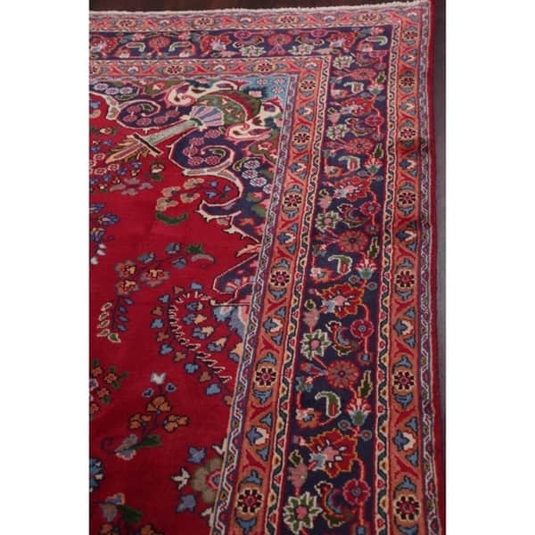 Hand Knotted Wool Floral Mashad Persian Red Area Rug For Dining Room 11 1 X 7 11 Overstock 24208157