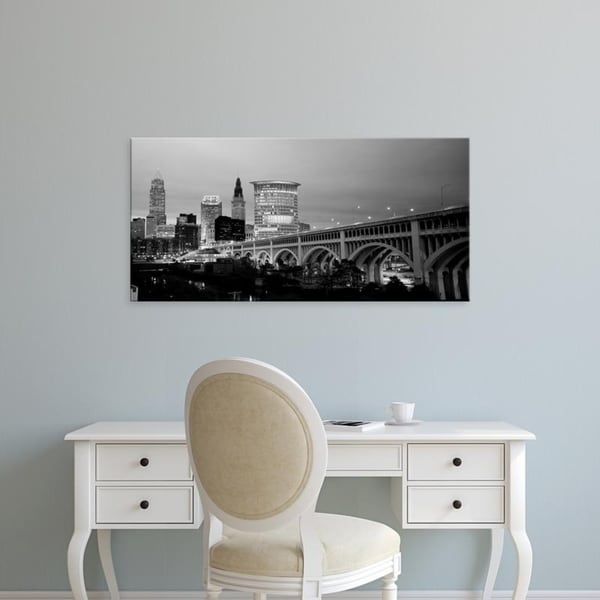 Easy Art Prints Panoramic Images's 'Bridge in a city lit up at dusk, Detroit Avenue Bridge, Cleveland, Ohio' Premium Canvas Art