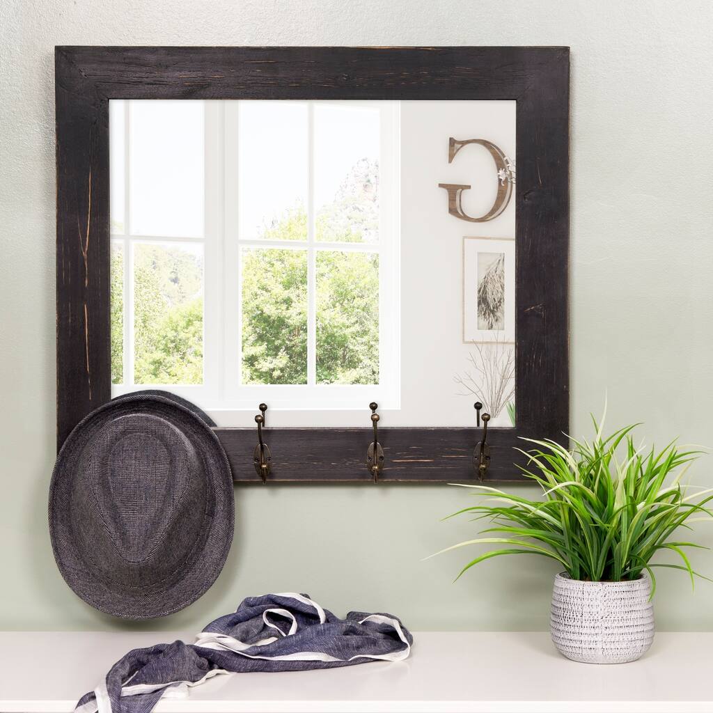 Gallery Solutions Rustic Entryway Wall Mount Mirror with Hooks - 26x22