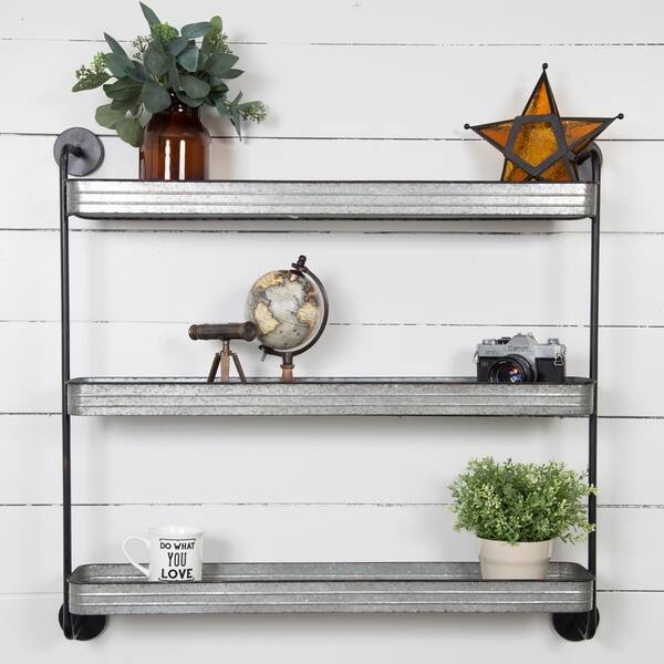 slide 1 of 7, Rustic Three-tier Galvanized Metal Storage Wall Shelf