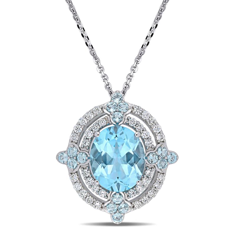 Miadora 14k White Gold Sky-Blue Topaz and 1/2ct TDW Diamond Double Halo Necklace