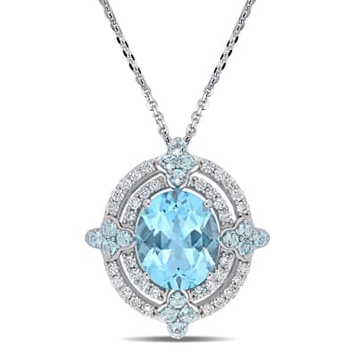 Miadora 14k White Gold Sky-Blue Topaz and 1/2ct TDW Diamond Double Halo Necklace