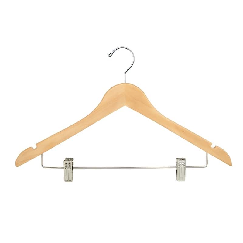 Econoco - WH1731CNC - 17inch Natural Wooden Hanger with Metal Bar and 2 clips, with Chrome Hook (Pack of 100)
