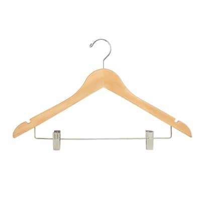 Econoco - WH1731CNC - 17inch Natural Wooden Hanger with Metal Bar and 2 clips, with Chrome Hook (Pack of 100)