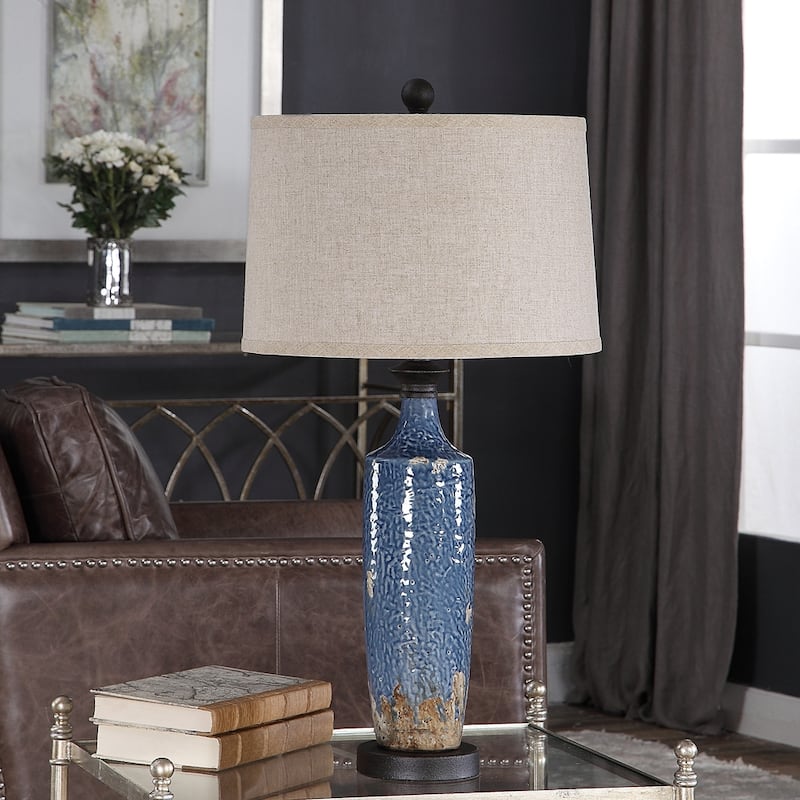 Copper Grove Bajze Blue Textured Ceramic Table Lamp with Distressing