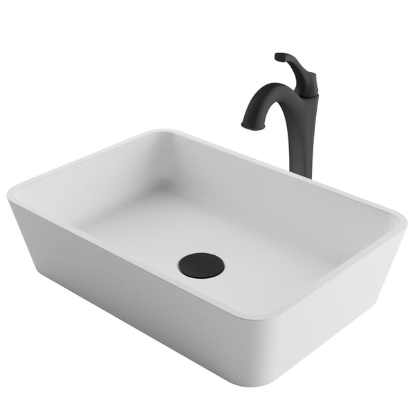 Kraus 3-in-1 Bathroom Set C-KSV-2MW-1200 White Rectangle Composite Vessel Sink, Arlo 1-Hole Faucet, PU Drain, 4 finish