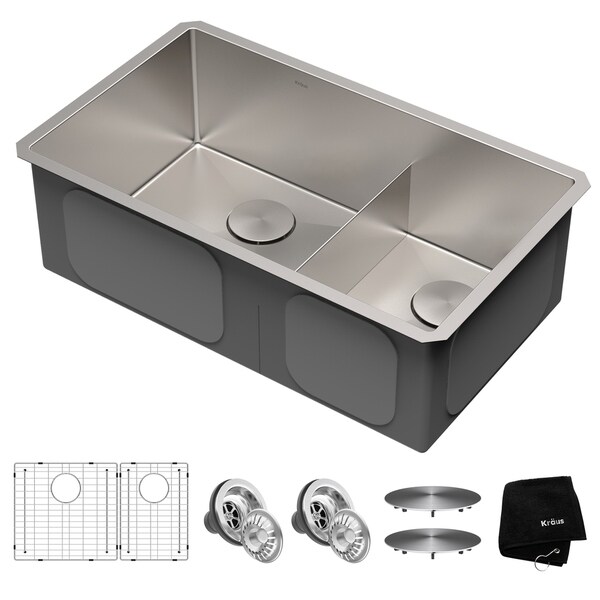 Kraus KHU103-32 Undermount 32-in 16G 60/40 2-Bowl Stainless Steel Kitchen Sink, Grids, Strainers, Caps, Mitt, Trivet