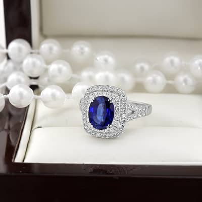 Auriya Vintage 2 1/2ct Oval-cut Blue Sapphire and 5/8ctw Halo Diamond Engagement Ring 18K Gold