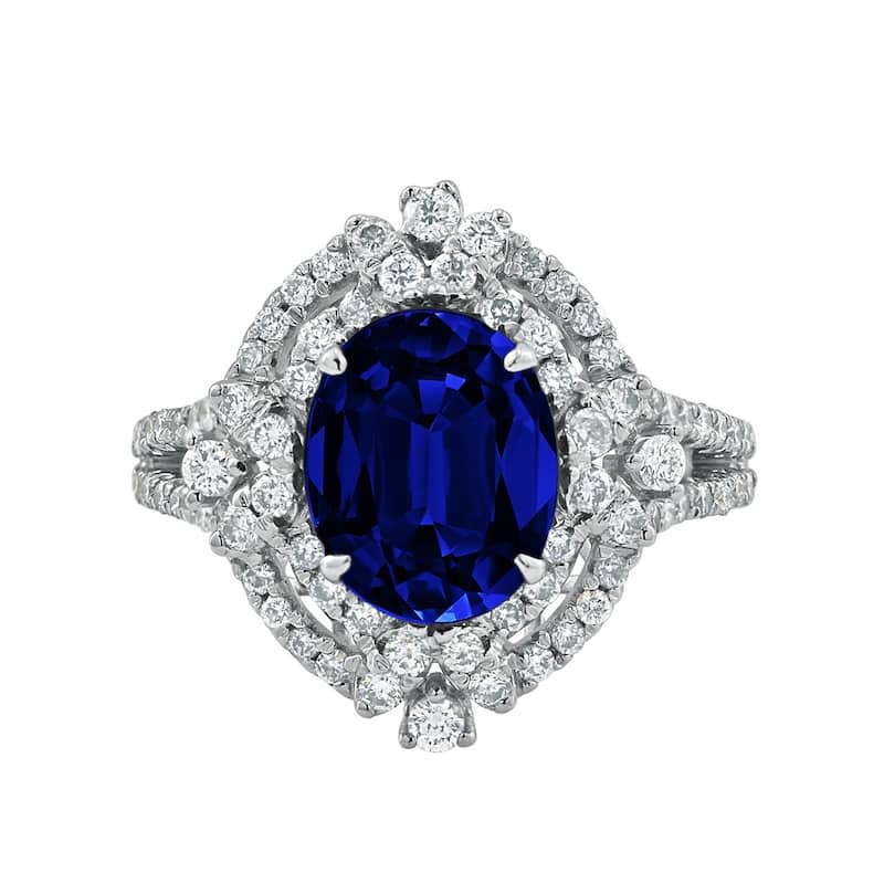 Auriya 3 1/2ct Oval-cut Blue Sapphire and 3/4ctw Double Halo Diamond Engagement Ring 18K Gold