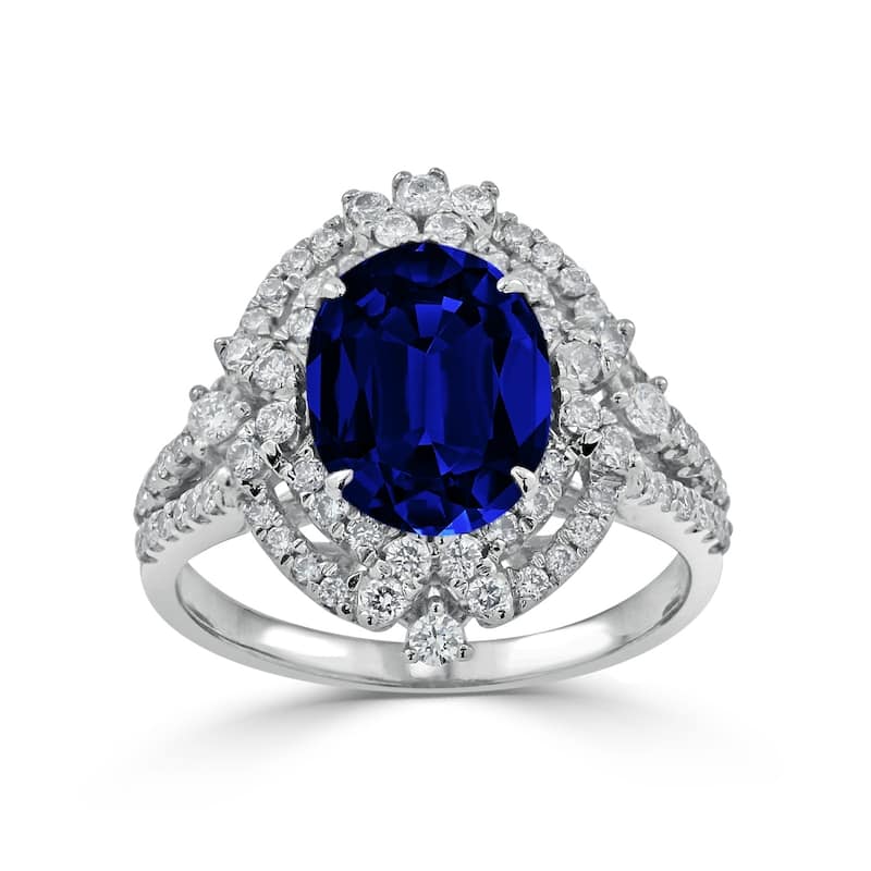 Auriya 3 1/2ct Oval-cut Blue Sapphire and 3/4ctw Double Halo Diamond Engagement Ring 18K Gold