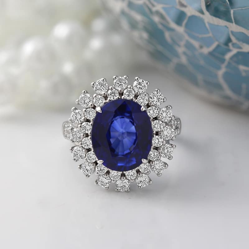 Auriya 7ct Oval-cut Blue Sapphire and 1 3/8ctw Halo Diamond Engagement Ring 18K Gold