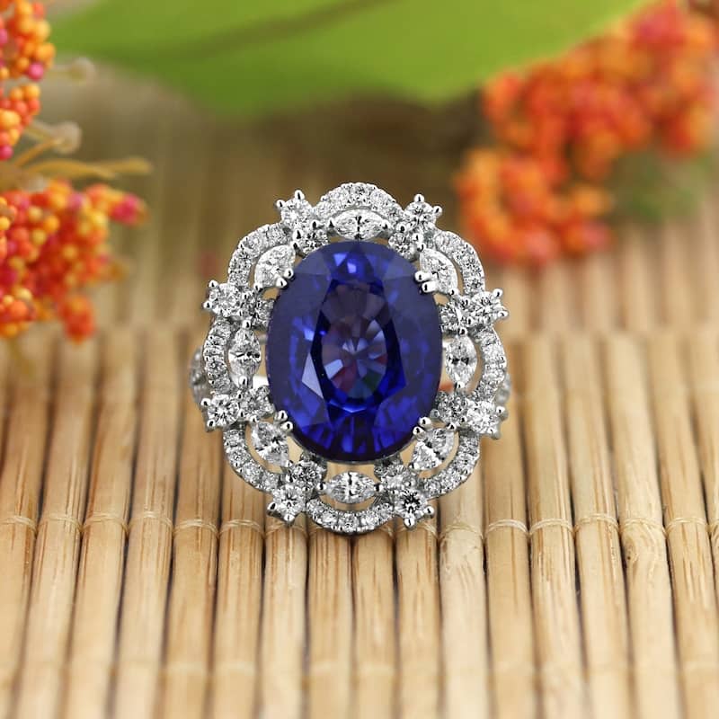 Auriya 18k Gold 10 1/6ct Vintage Oval Sapphire and Halo Diamond Ring 1 1/2ct TDW