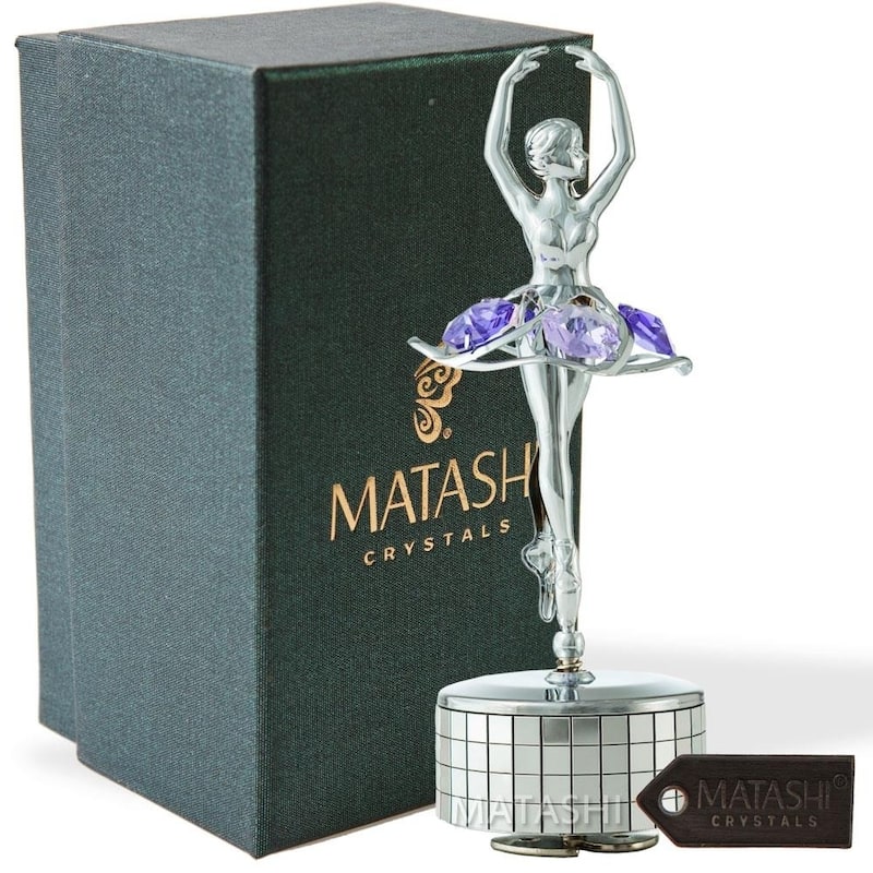 Matashi Chrome Plated Silver Ballet Dancer Wind-Up Music Box Swan Lake Table Top Ornament w/ Purple Crystals