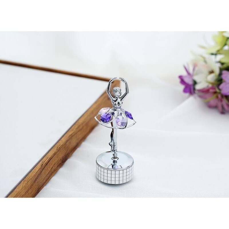 Matashi Chrome Plated Silver Ballet Dancer Wind-Up Music Box Swan Lake Table Top Ornament w/ Purple Crystals