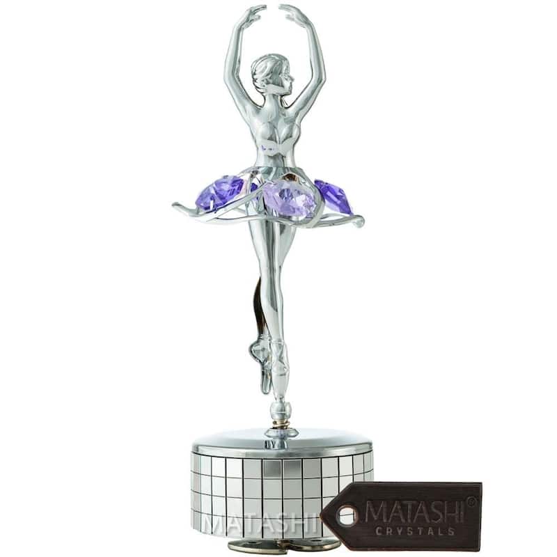 Matashi Chrome Plated Silver Ballet Dancer Wind-Up Music Box Swan Lake Table Top Ornament w/ Purple Crystals