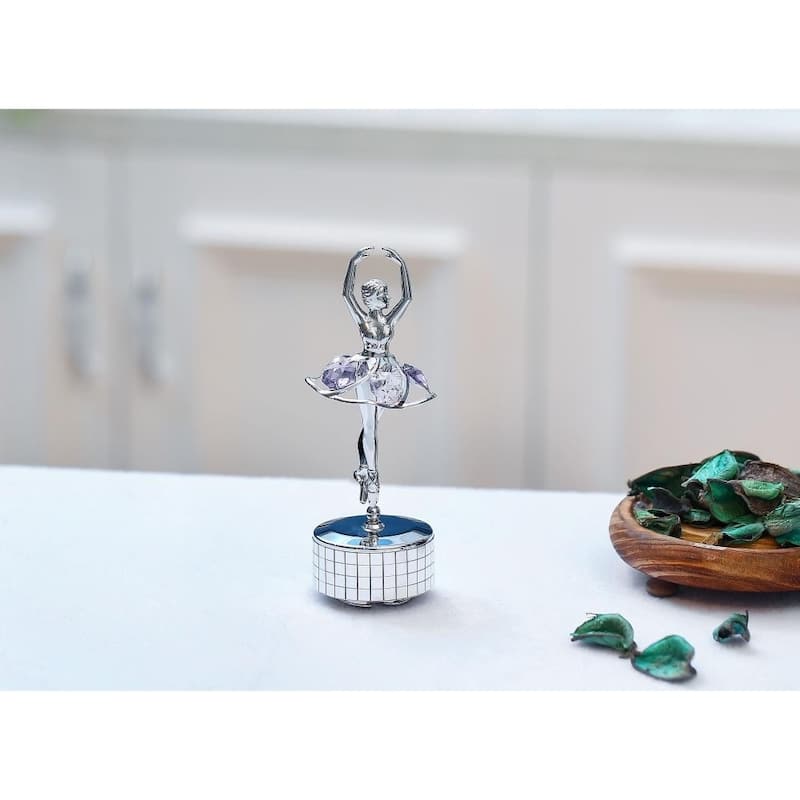 Matashi Chrome Plated Silver Ballet Dancer Wind-Up Music Box Swan Lake Table Top Ornament w/ Purple Crystals