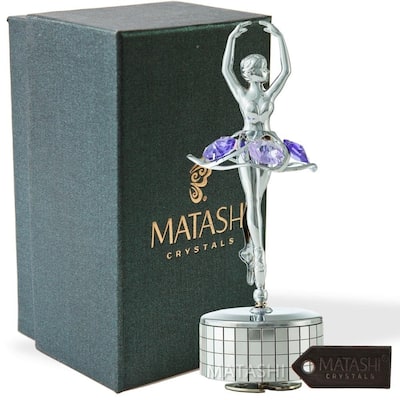 Matashi Chrome Plated Silver Ballet Dancer Wind-Up Music Box Swan Lake Table Top Ornament w/ Purple Crystals