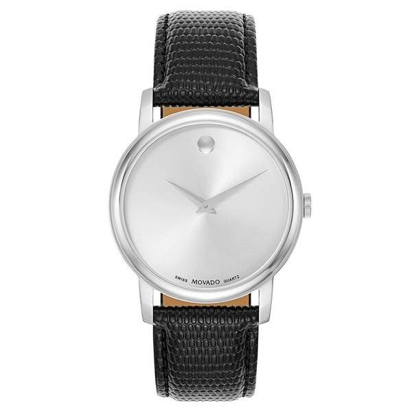 movado museum black dial black leather strap men's watch