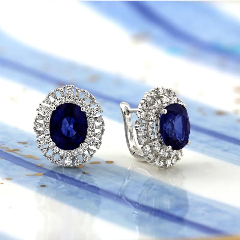 Auriya Fancy 7 5/8ct Blue Sapphire Oval and 1.08ct Diamond Halo Stud Earrings 18k Gold