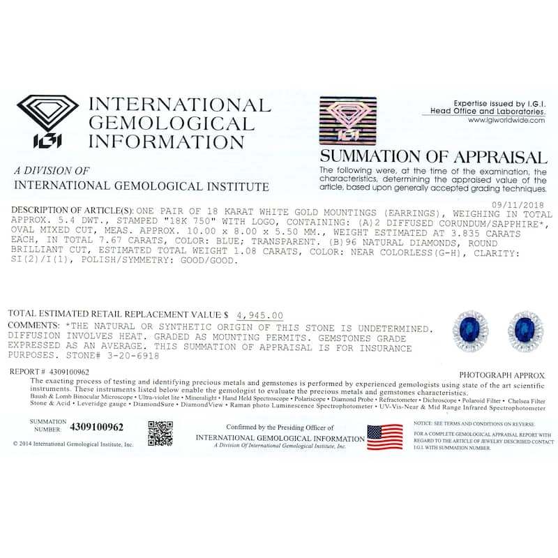 Auriya Fancy 7 5/8ct Blue Sapphire Oval and 1.08ct Diamond Halo Stud Earrings 18k Gold