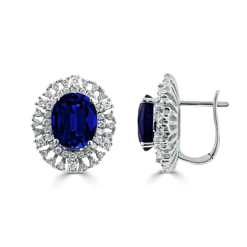 Auriya Fancy 7 5/8ct Blue Sapphire Oval and 1.08ct Diamond Halo Stud Earrings 18k Gold