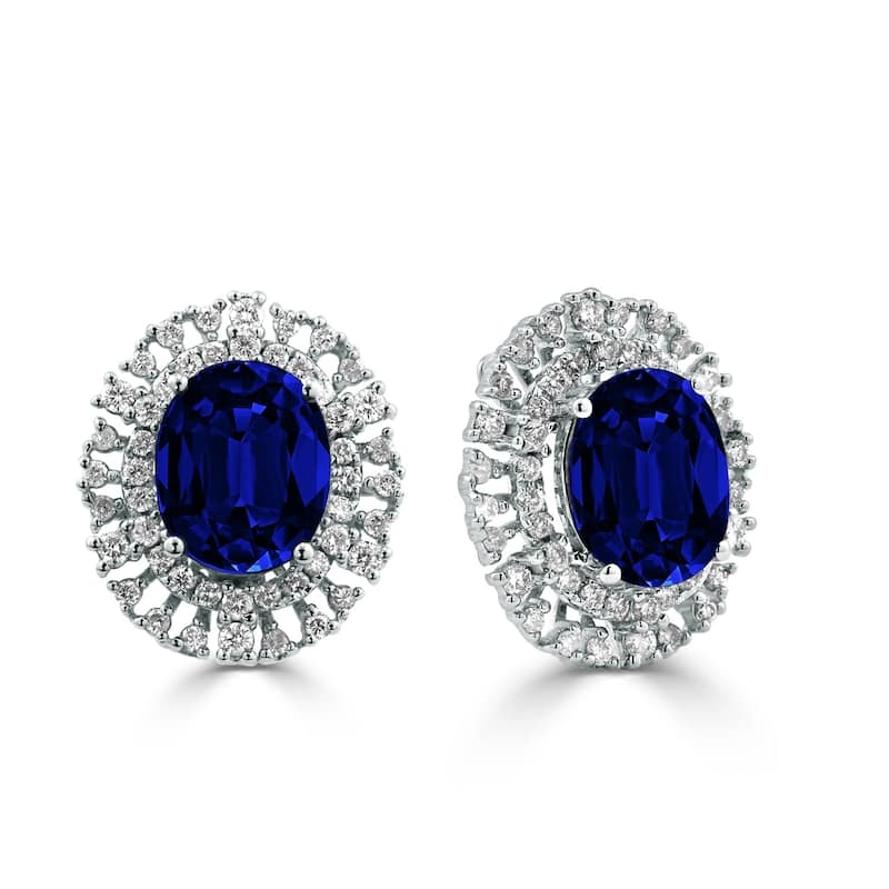 Auriya Fancy 7 5/8ct Blue Sapphire Oval and 1.08ct Diamond Halo Stud Earrings 18k Gold