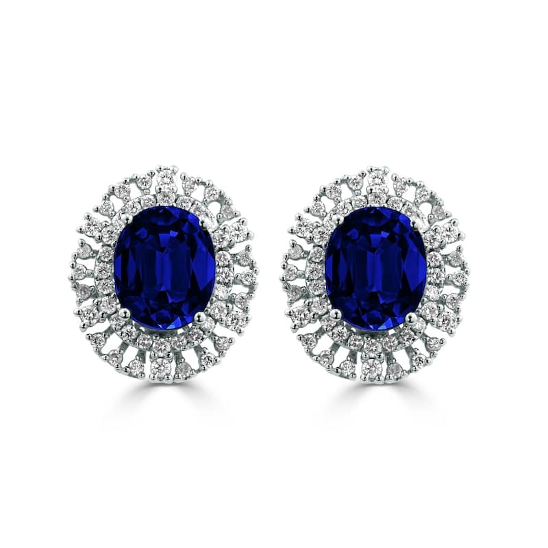 Auriya Fancy 7 5/8ct Blue Sapphire Oval and 1.08ct Diamond Halo Stud Earrings 18k Gold