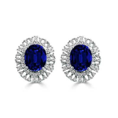 Auriya Fancy 7 5/8ct Blue Sapphire Oval and 1.08ct Diamond Halo Stud Earrings 18k Gold