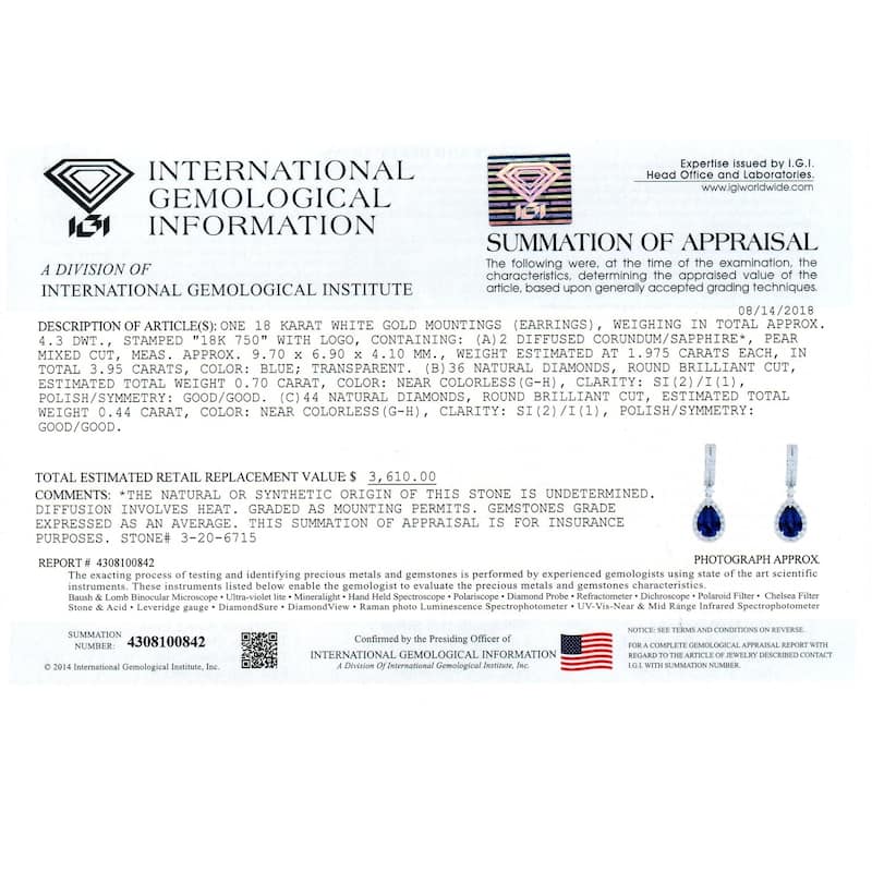 Auriya Fancy Teardrop 3 9/10ct Blue Sapphire and 1 1/8ct TDW Diamond Halo Dangle Earrings 18k Gold
