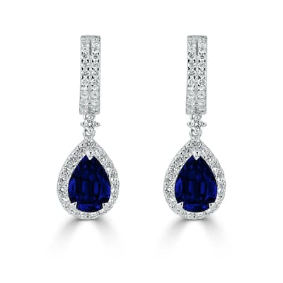 Auriya Fancy Teardrop 3 9/10ct Blue Sapphire and 1 1/8ct TDW Diamond Halo Dangle Earrings 18k Gold