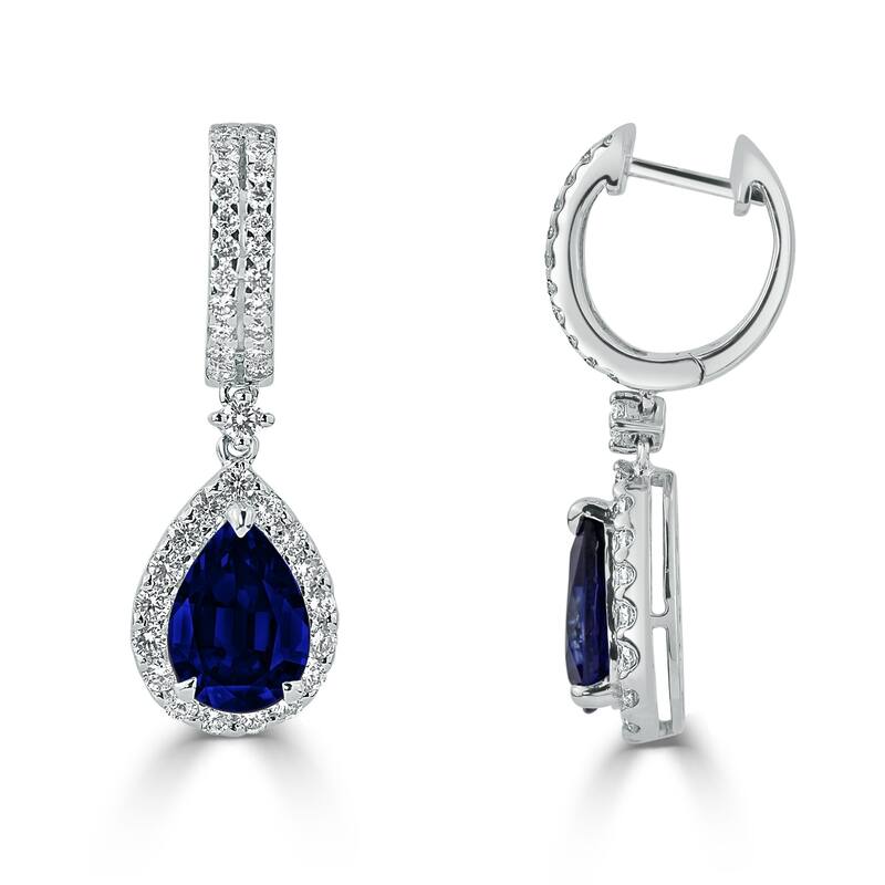 Auriya Fancy Teardrop 3 9/10ct Blue Sapphire and 1 1/8ct TDW Diamond Halo Dangle Earrings 18k Gold
