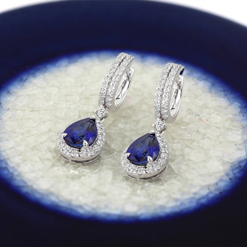 Auriya Fancy Teardrop 3 9/10ct Blue Sapphire and 1 1/8ct TDW Diamond Halo Dangle Earrings 18k Gold