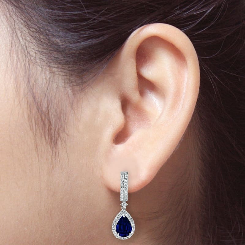 Auriya Fancy Teardrop 3 9/10ct Blue Sapphire and 1 1/8ct TDW Diamond Halo Dangle Earrings 18k Gold