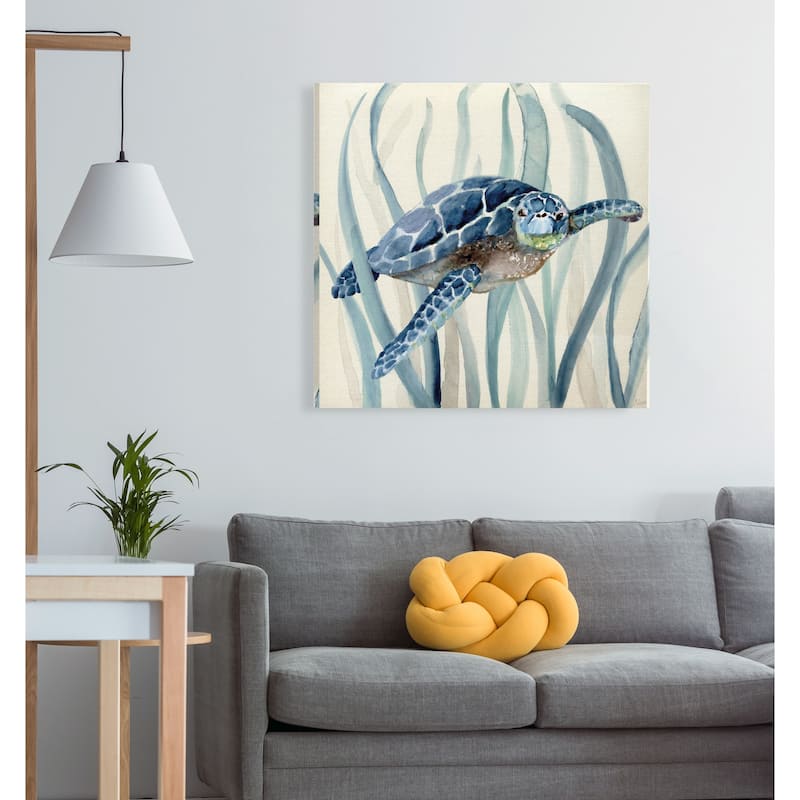 Turtle in Seagrass I -Gallery Wrapped Canvas - yellow, blue, green, red, black, white