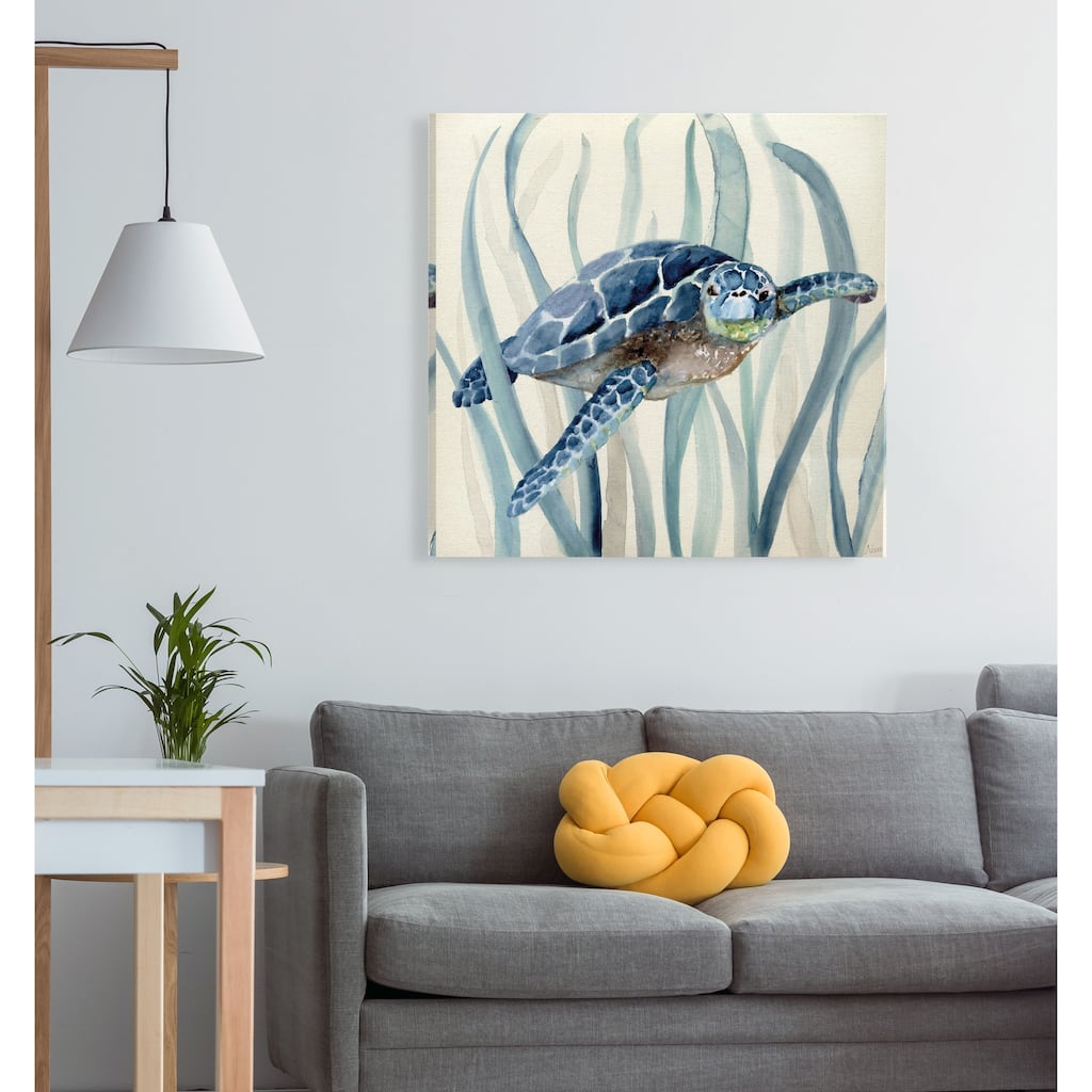 Turtle in Seagrass I -Gallery Wrapped Canvas - yellow, blue, green, red, black, white