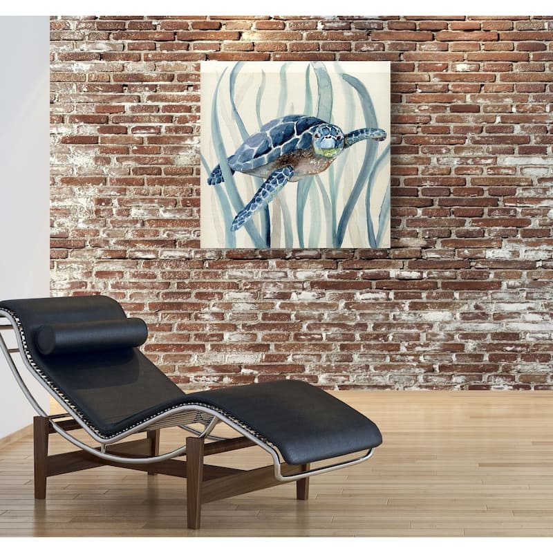 Turtle in Seagrass I -Gallery Wrapped Canvas - yellow, blue, green, red, black, white