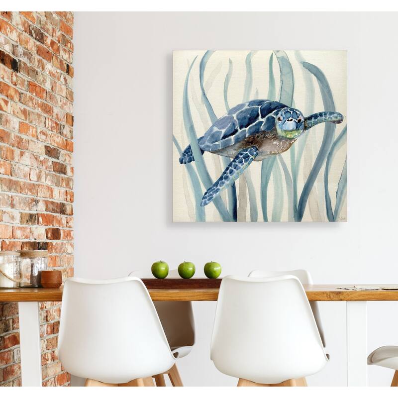 Turtle in Seagrass I -Gallery Wrapped Canvas - yellow, blue, green, red, black, white