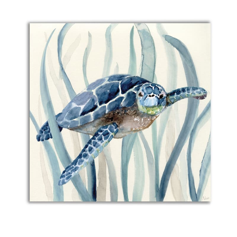Turtle in Seagrass I -Gallery Wrapped Canvas - yellow, blue, green, red, black, white