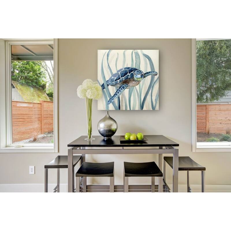 Turtle in Seagrass I -Gallery Wrapped Canvas - yellow, blue, green, red, black, white