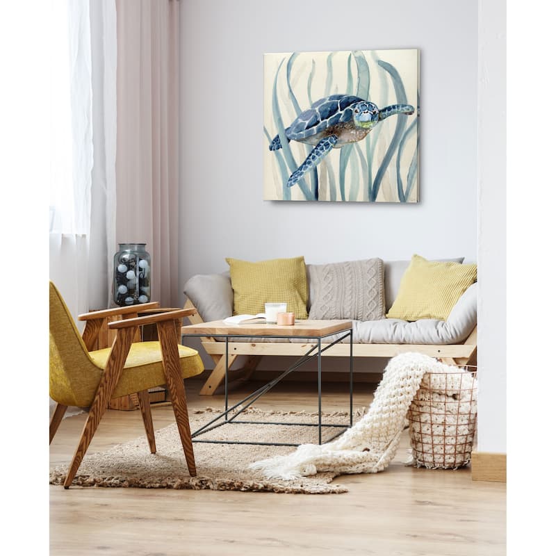Turtle in Seagrass I -Gallery Wrapped Canvas - yellow, blue, green, red, black, white