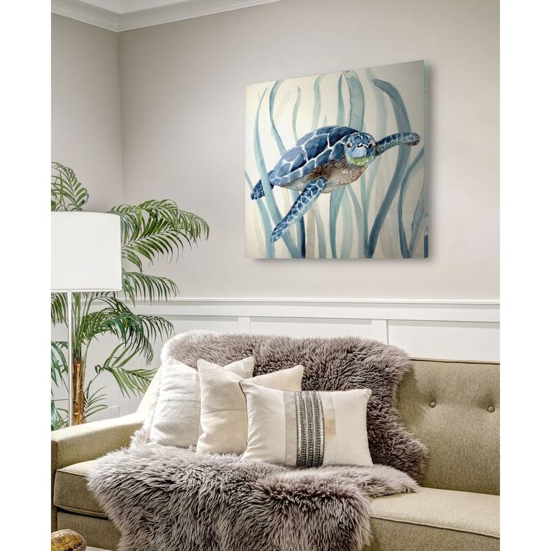 Turtle in Seagrass I -Gallery Wrapped Canvas - yellow, blue, green, red, black, white