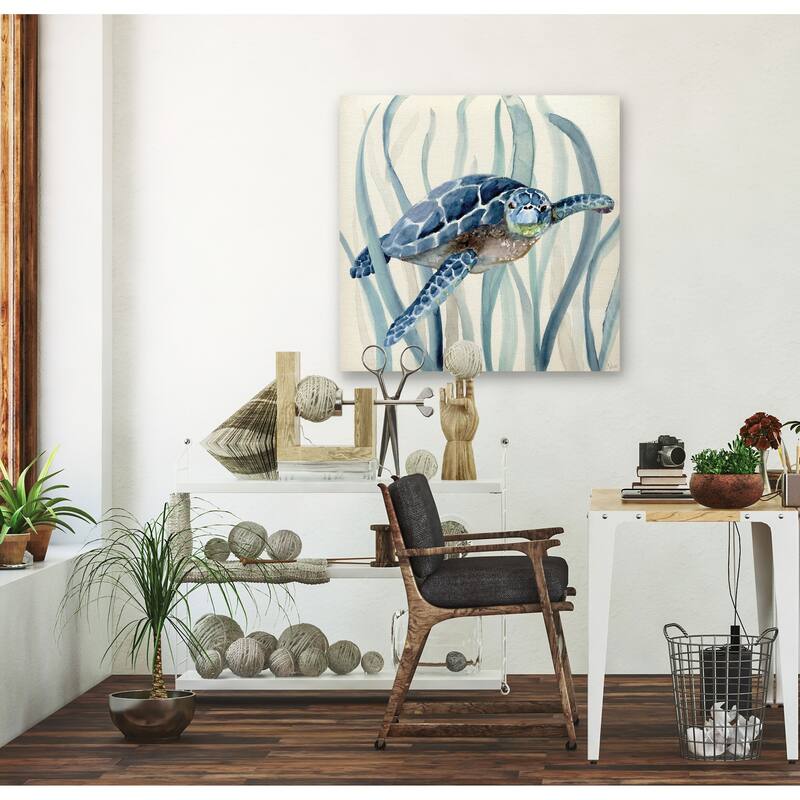 Turtle in Seagrass I -Gallery Wrapped Canvas - yellow, blue, green, red, black, white