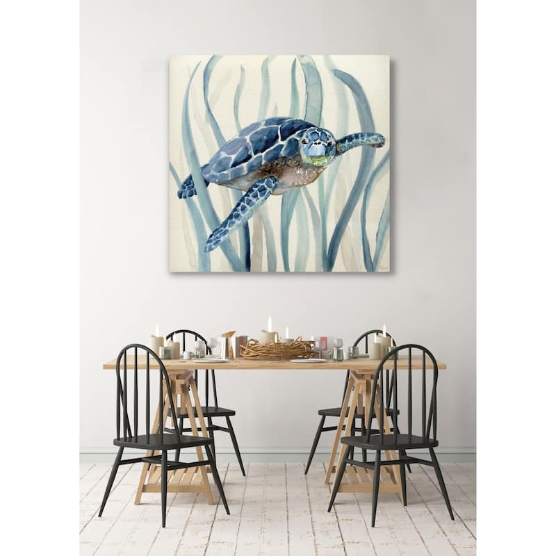 Turtle in Seagrass I -Gallery Wrapped Canvas - yellow, blue, green, red, black, white